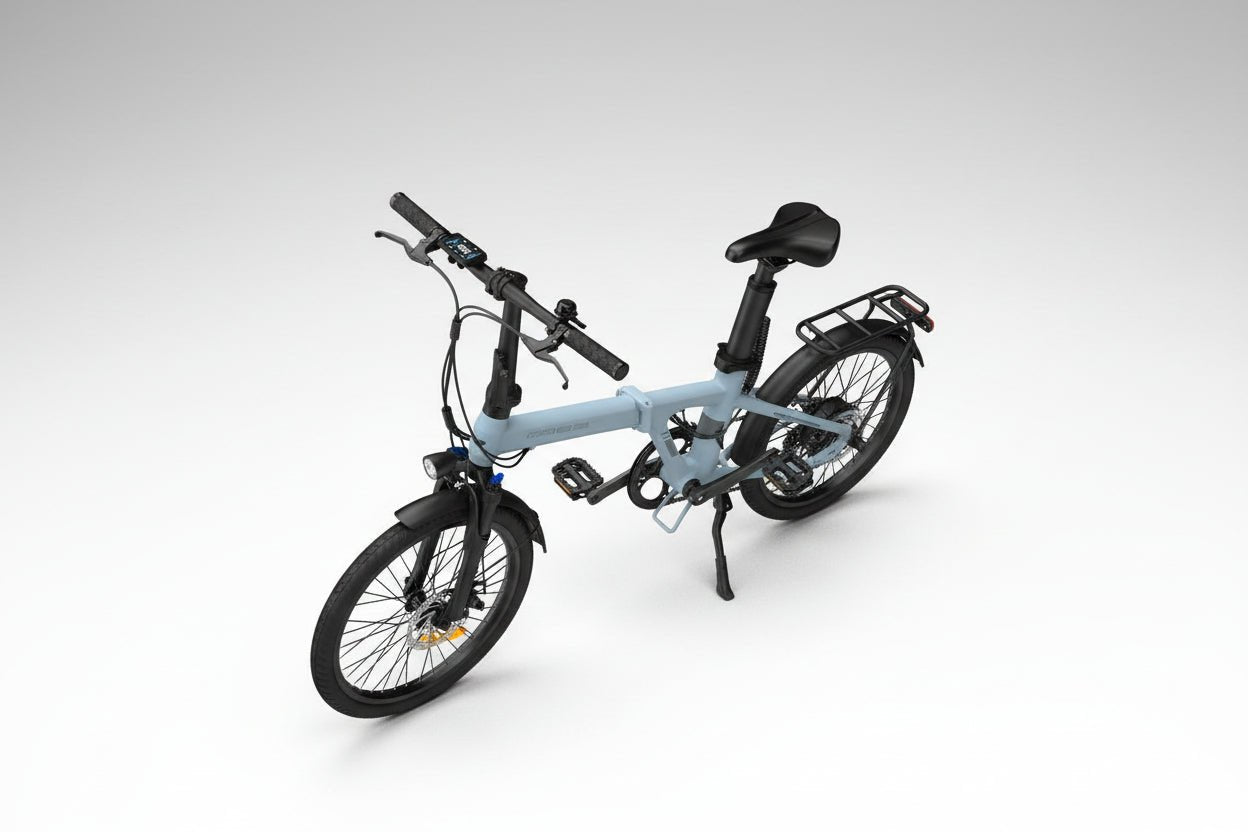 Vélo ADO Canada AIR20 PRO PLUS electric bike in pastel blue, front view showing sleek frame and handlebars.