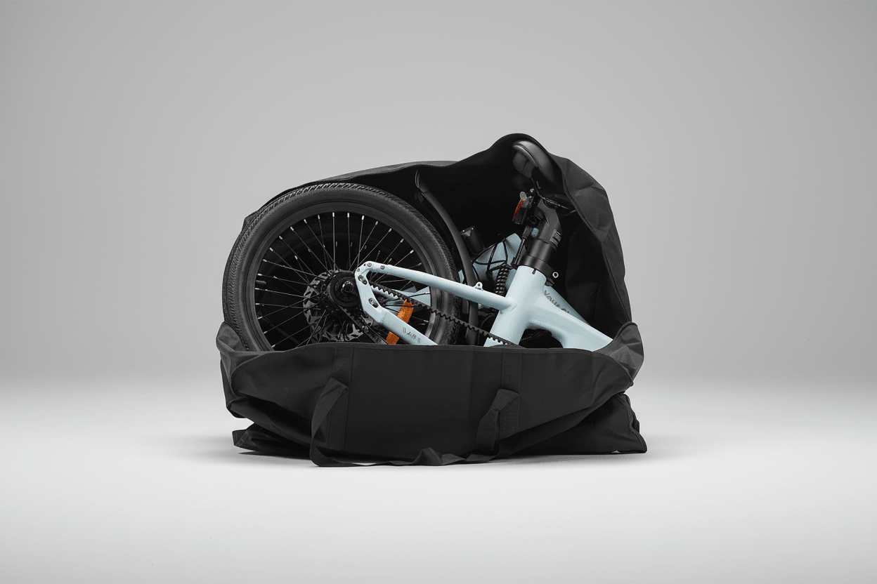 Black storage bag for folding e-bike by Vélo ADO Canada, designed for easy carrying and protection during transport.