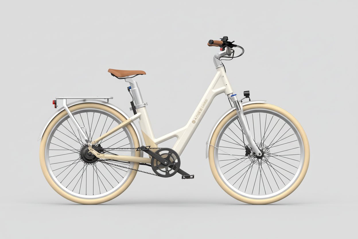 Vélo ADO Canada AIR28 ULTRA bike with latte-colored frame and sleek design, front view showing handlebars and wheels.