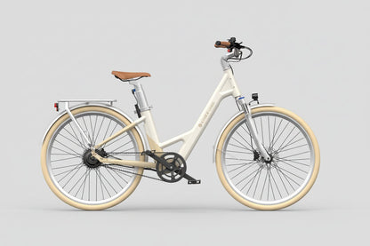 Vélo ADO Canada AIR28 ULTRA bike with latte-colored frame and sleek design, front view showing handlebars and wheels.
