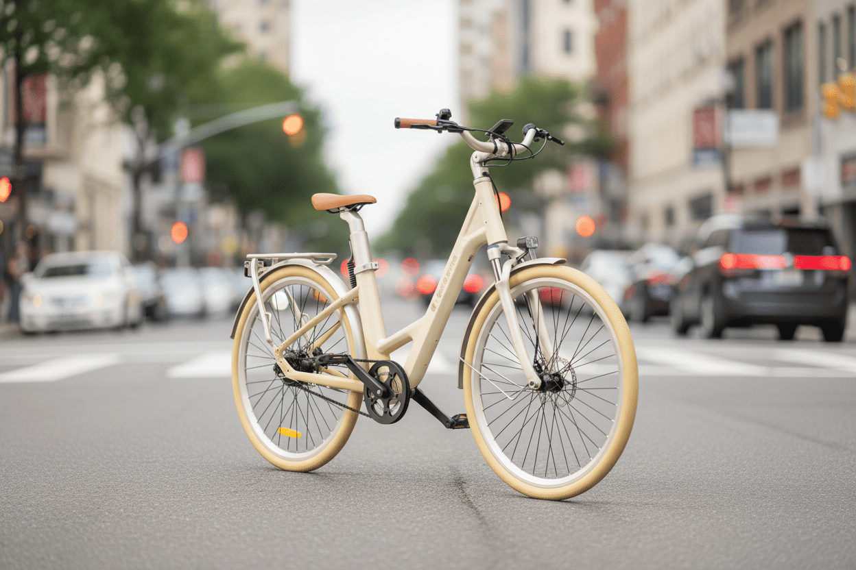 Vélo ADO Canada AIR28 ULTRA bicycle with latte-colored frame, sleek design, and modern features for urban cycling.