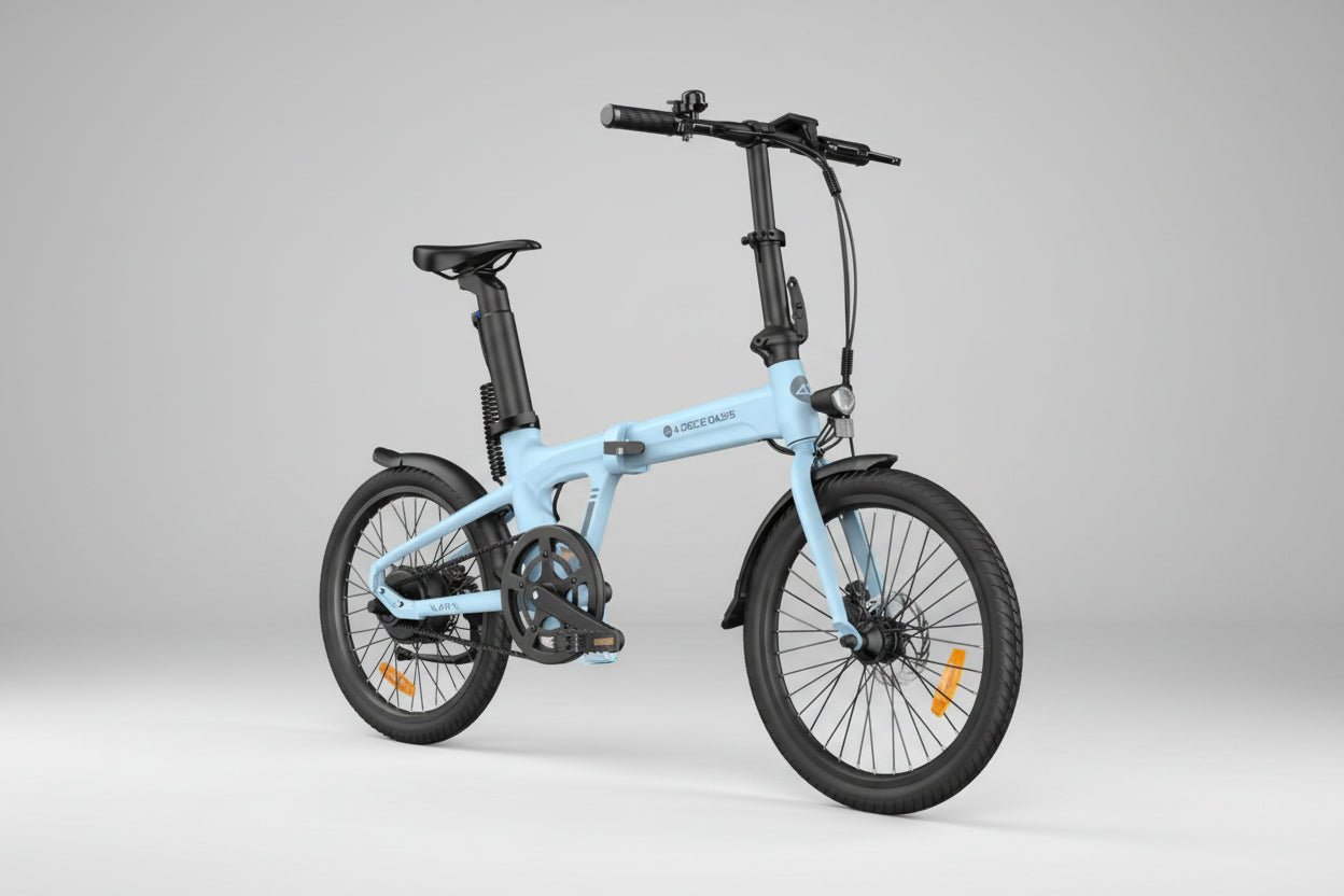 Light blue folding bicycle on a white background