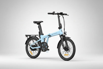 Light blue folding bicycle on a white background