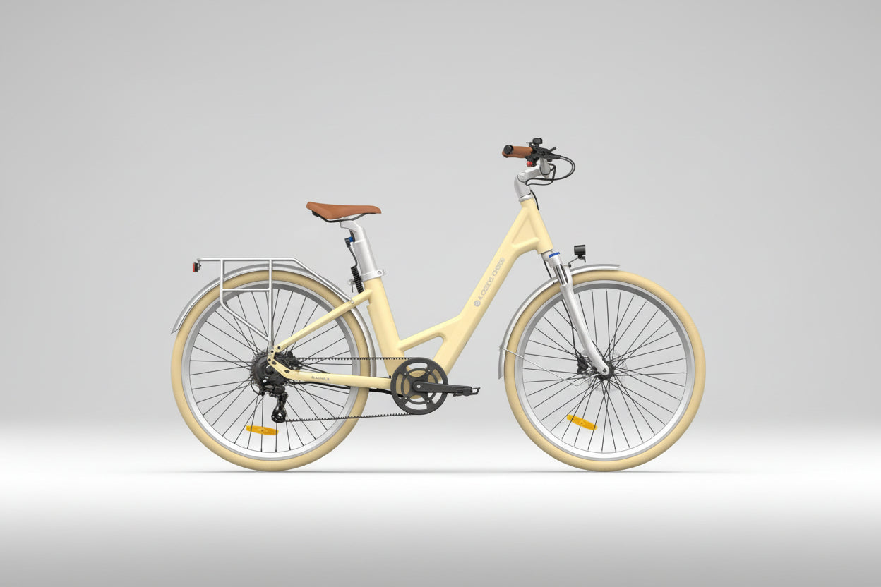 Vélo ADO Canada AIR28 yellow e-bike with sleek frame and modern design, shown from a side view.