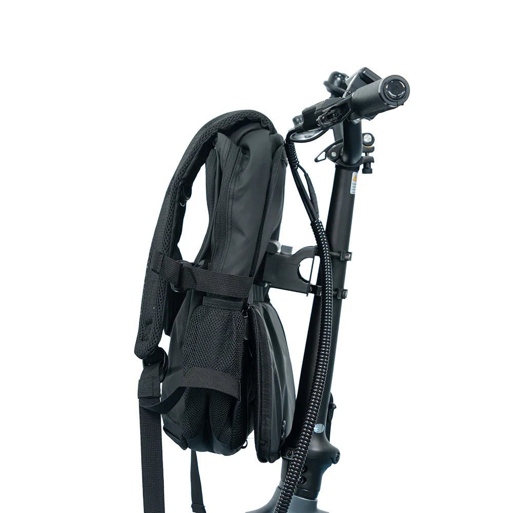 Black backpack installed on an ADO Ebike with a white background